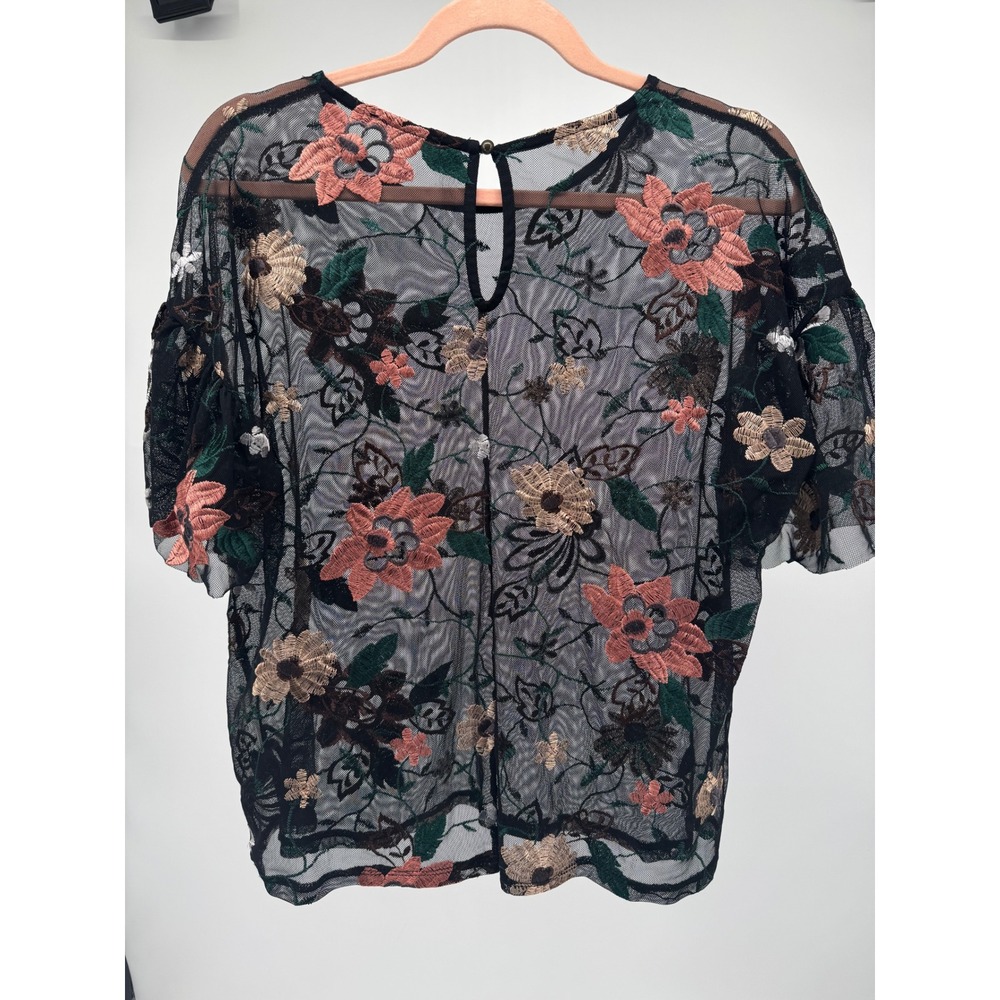 Chroma Tale Womens XL Black Sheer Mesh Floral Embroidered Blouse TK2114-A